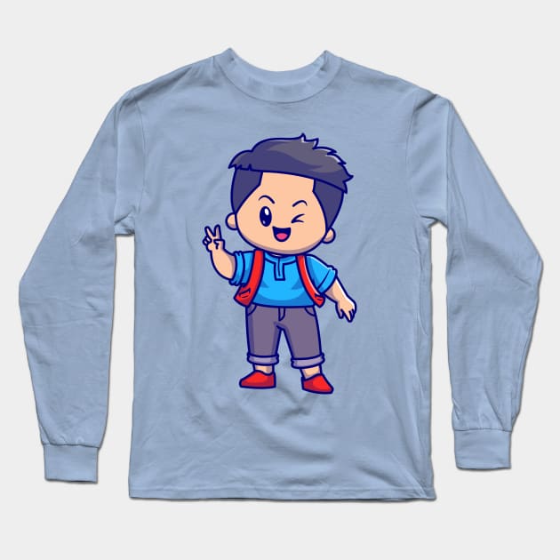 Cute Boy With Peace Sign Cartoon Long Sleeve T-Shirt by Catalyst Labs